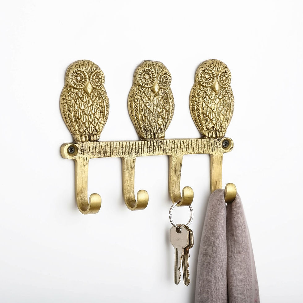 Thumbnail: Decorative brass wall hook rail with three owl designs and four hooks holding accessories