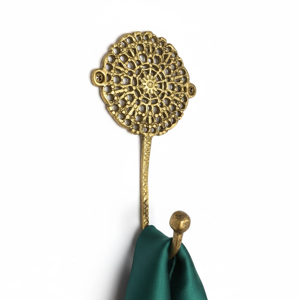 Thumbnail: Solid brass wall hook featuring an ornate circular rosette backplate, holding accessories