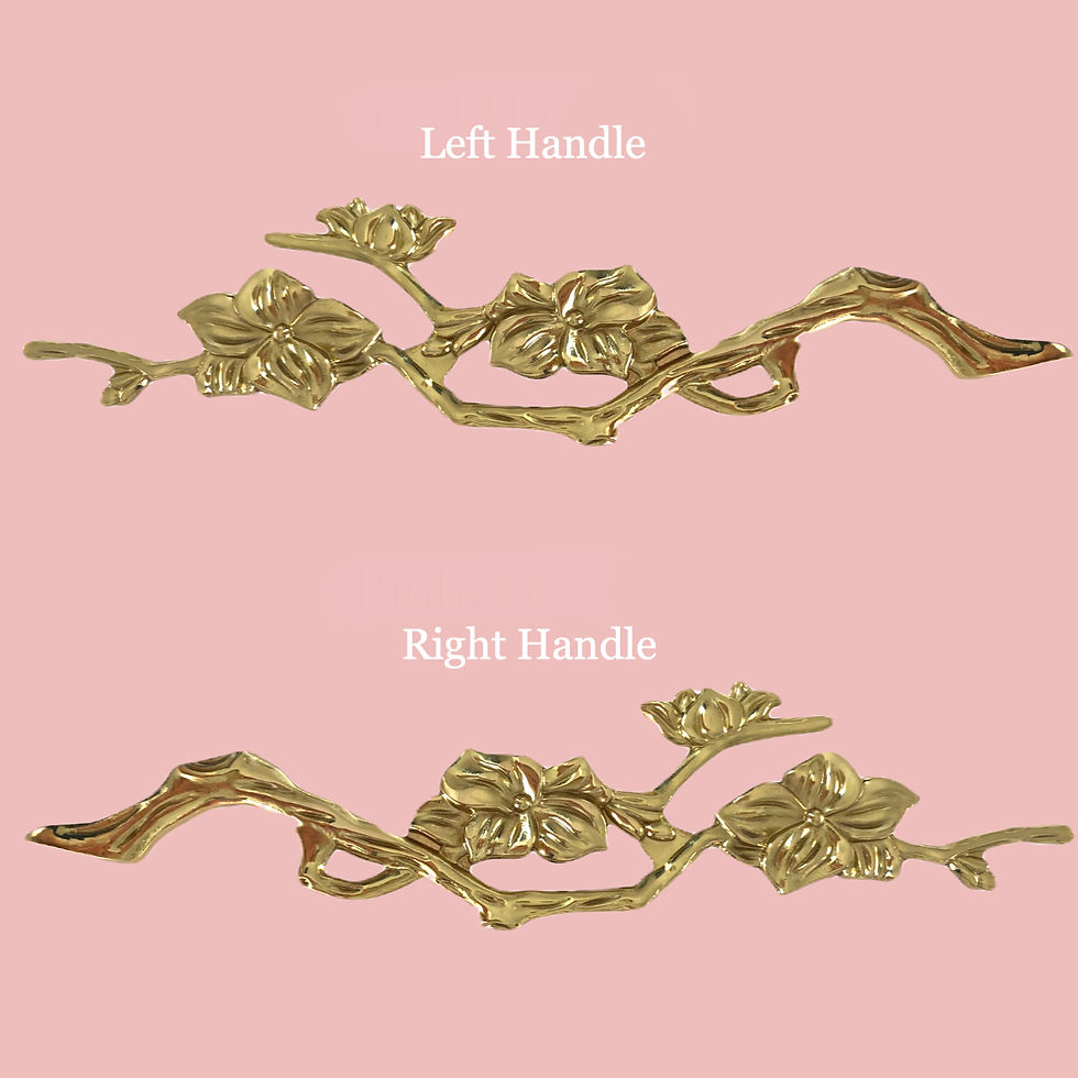 Thumbnail: Solid brass floral branch cabinet and drawer handles with sculpted blossom details in a warm gold finish