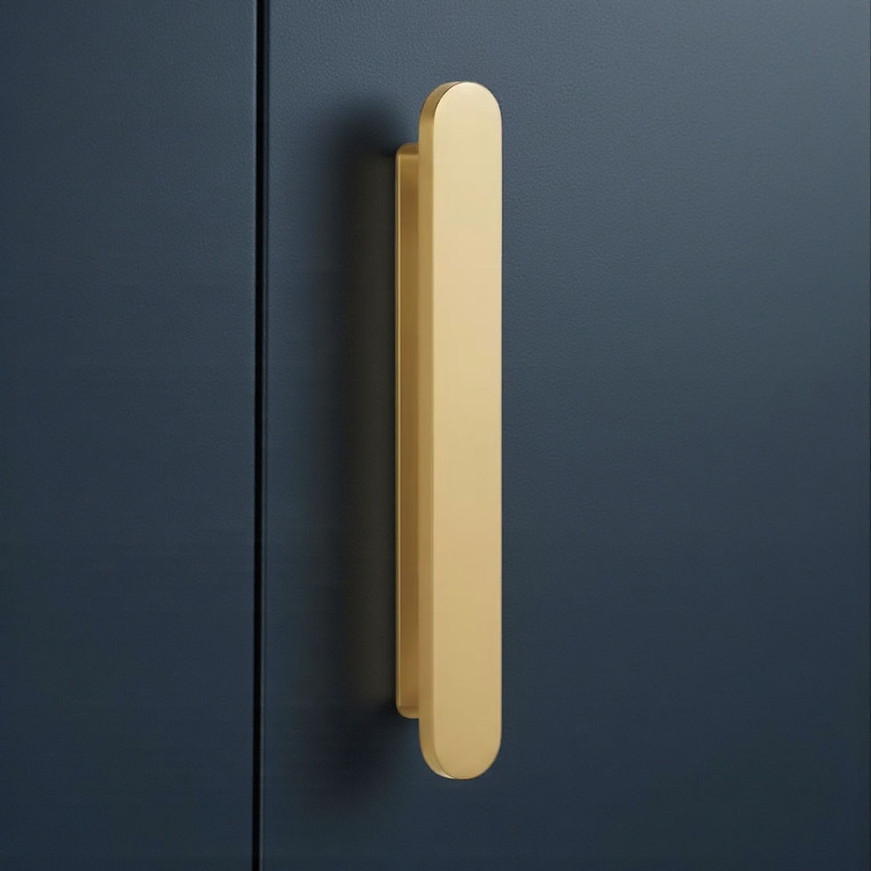 Thumbnail: Solid brass Oslo pull cabinet and drawer handle with slim minimalist bar design and smooth finish on a blue cabinet door