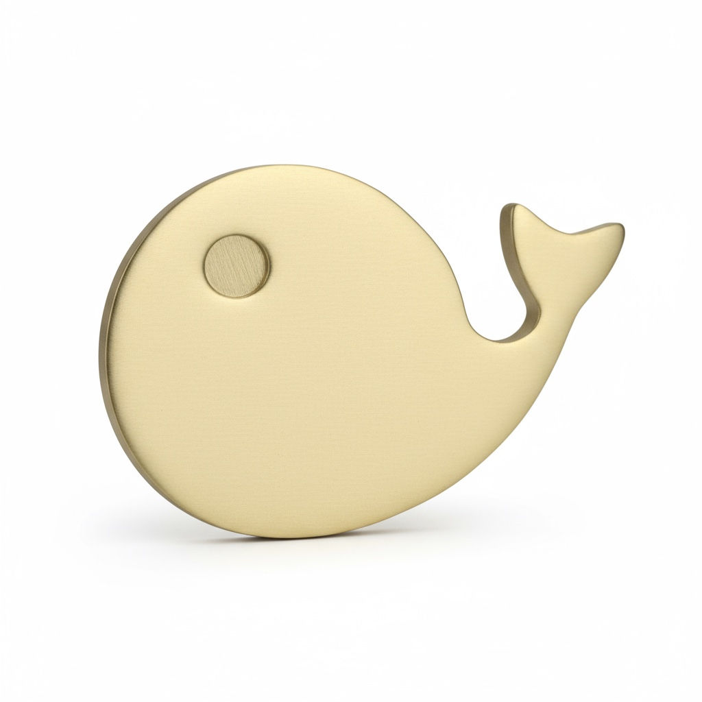 Solid brass whale cabinet and drawer knob with smooth rounded silhouette and brushed brass  finish