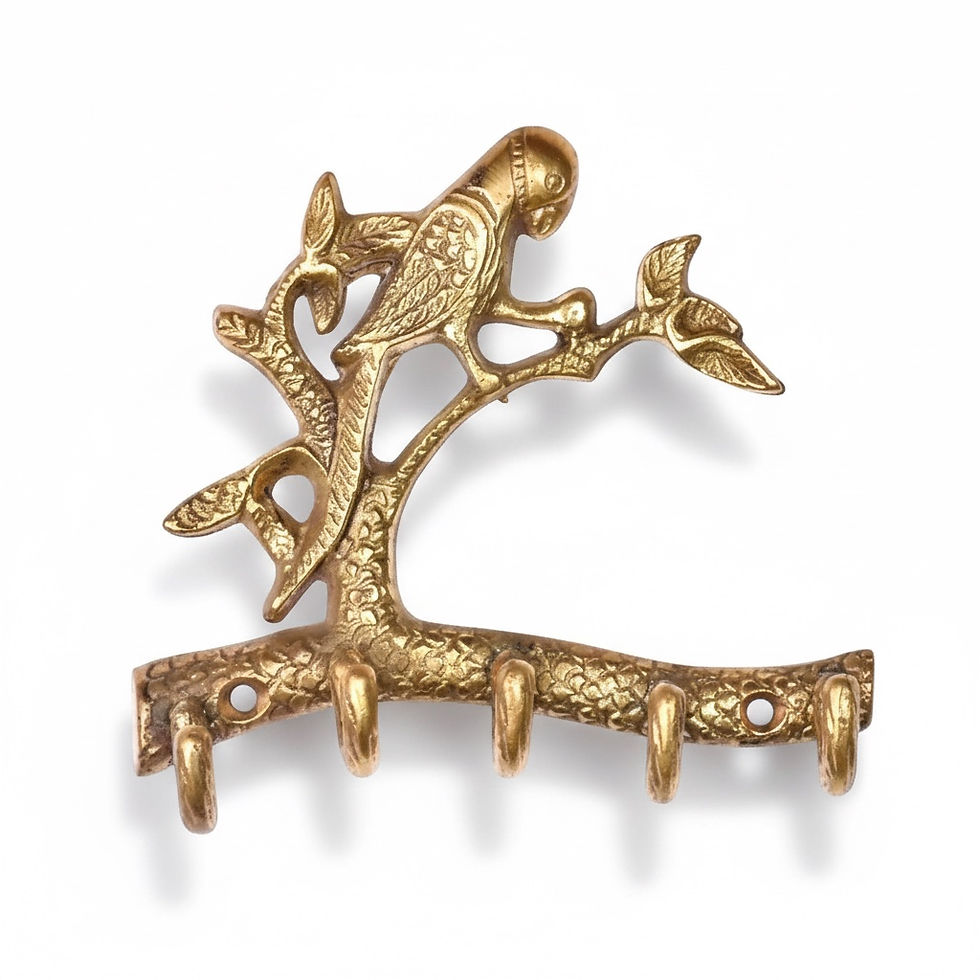 Decorative brass wall hook rail with bird on branch design and five hooks