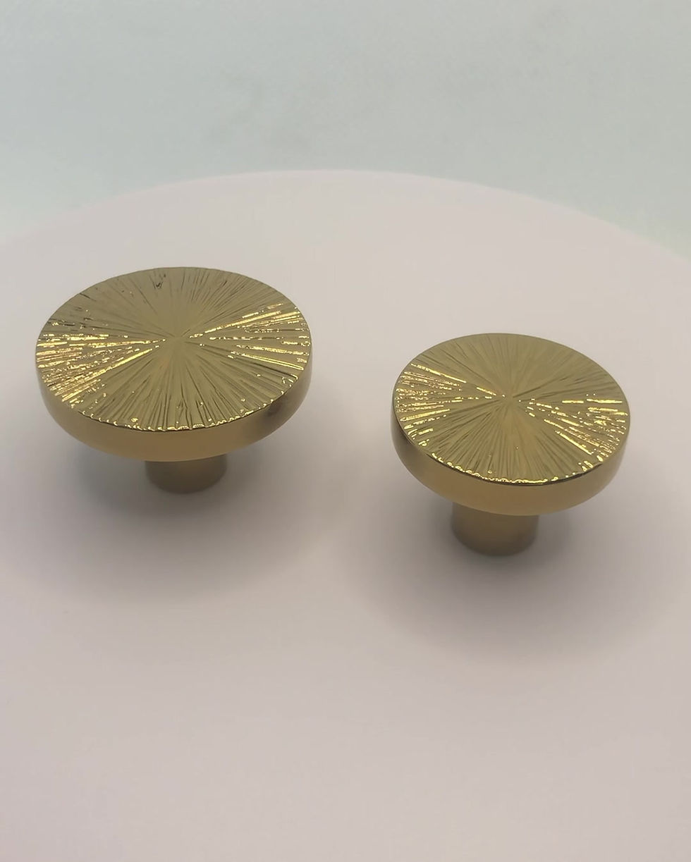 Thumbnail: Video of Solid brass Eternal Sunrise cabinet and drawer handles with radiating sunburst texture and warm gold finish