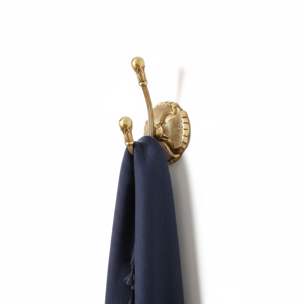 Thumbnail: Antique-style solid brass wall hook with round backplate and two hook holding accessories