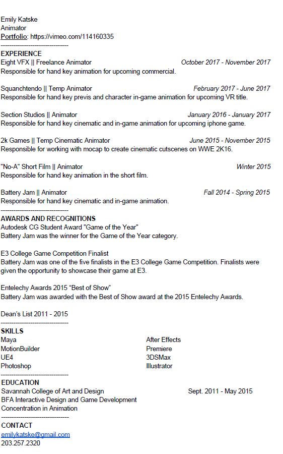 emily katske animation resume