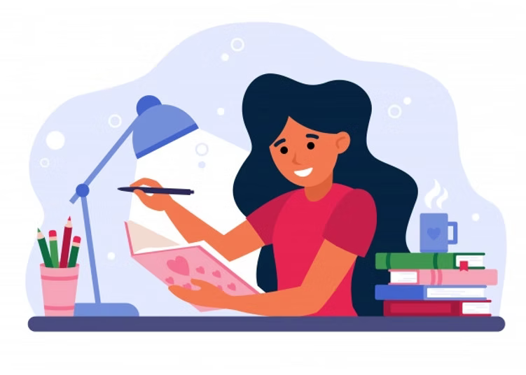 A woman eagerly learns Dutch, surrounded by books in a cozy setting with a lamp and coffee.