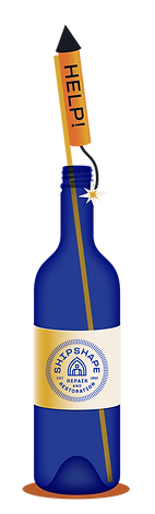 Bottle with bottle rocket labeled "help!"