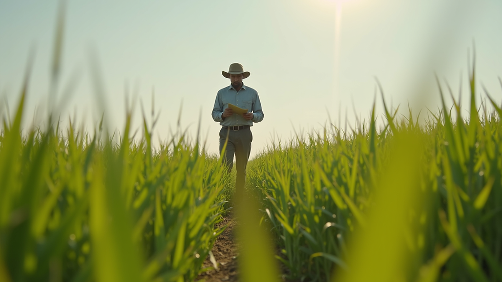 Eye-level view of a farmer inspecting crops in a field