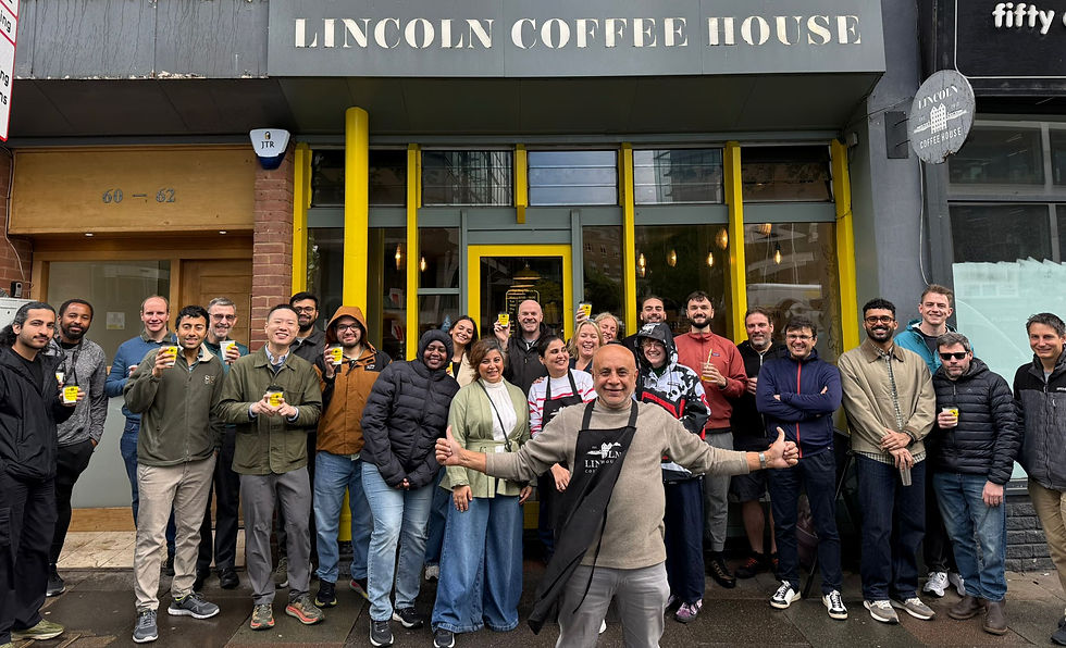 We stopped in at our local - The Lincoln Coffee House - for a tasty refreshment, and gae the owners a bit of lagh as over 20 of us entered en masse!