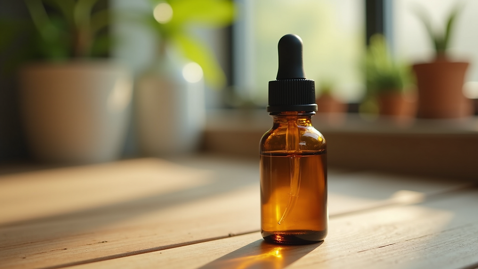Close-up view of a bottle of CBD massage oil on a wooden surface