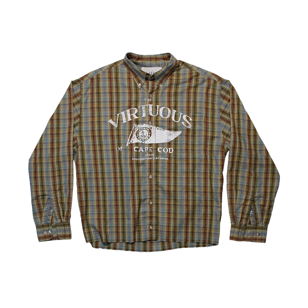 Front: Front view of CAPE COD cropped vintage flannel with unique graphic and light distressing