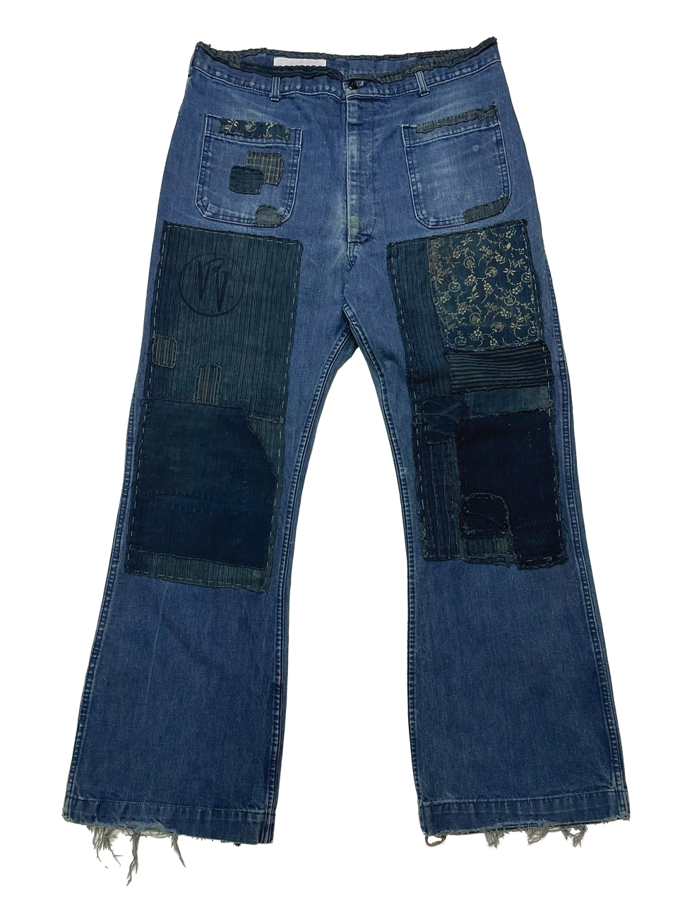 Front view of V&V Yorktown Denim dungarees in size 33, featuring flared legs and visible 1905 Japanese hand-stitched patchwor