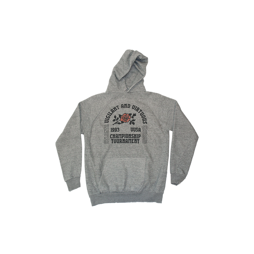 Vintage distressed hoodie with arched “Vigilant & Virtuous” text, rose graphic, and “Championship Tournament 1993 UUSA” desig