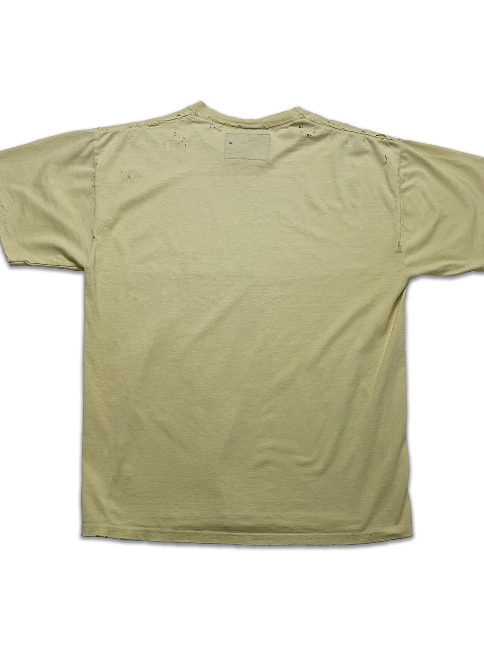 Back of the V&V Blade Champ Tee showing a clean mustard cotton back with visible hand distressing and no graphic.