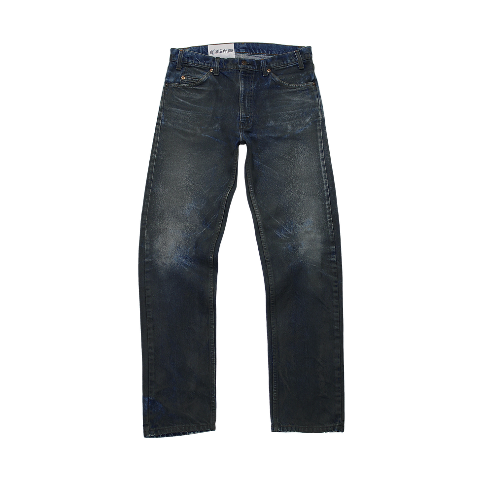 Front view of V&V Midnight Rider jeans in hand-faded black with vintage Levi’s silhouette, inspired by worn-in motorcycle pan