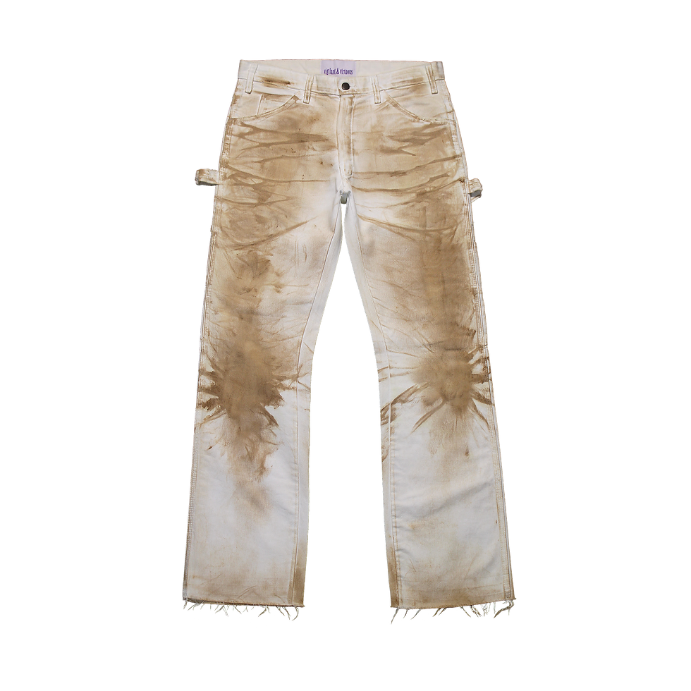 Front view of V&V American Archive 005 jeans with blown-out knees, repaired distressing, and eclectic cotton patchwork.