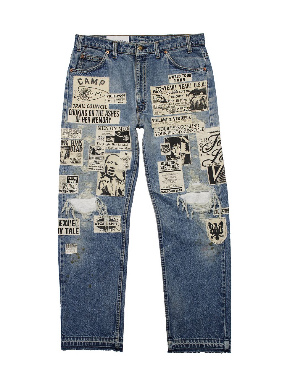 Front of V&V American Archive 003 jeans showing hand-distressed 1970s Levi’s with terry cloth knee repairs and cotton patchwo