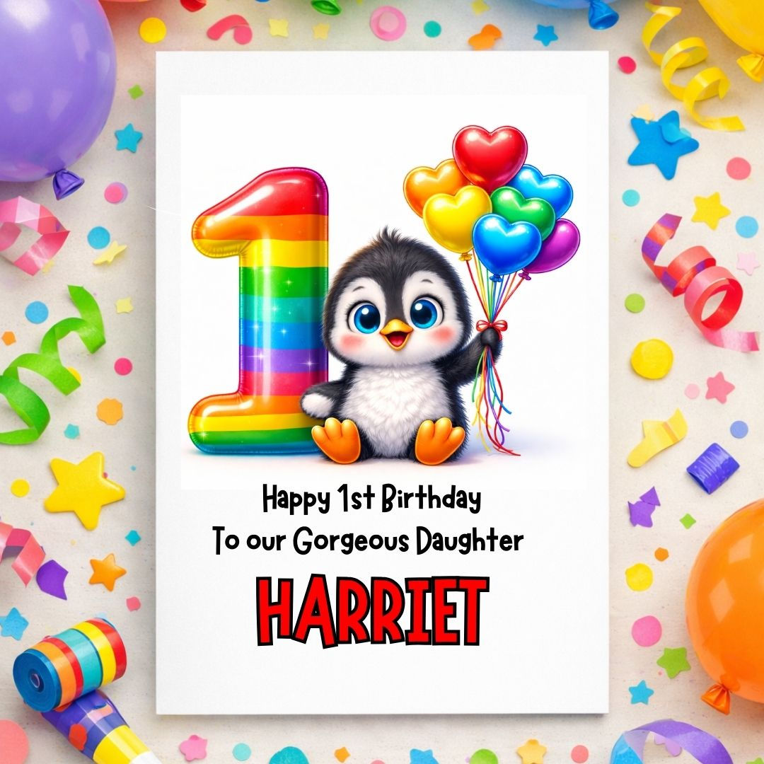 1st Birthday Penguin Personalised Card