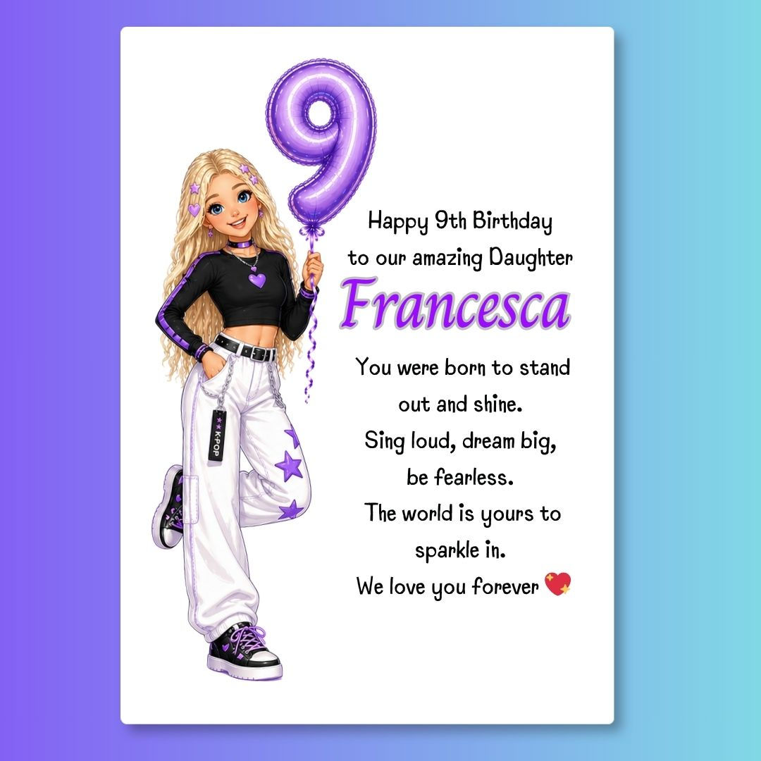 K-Pop Girl 9th Birthday Card