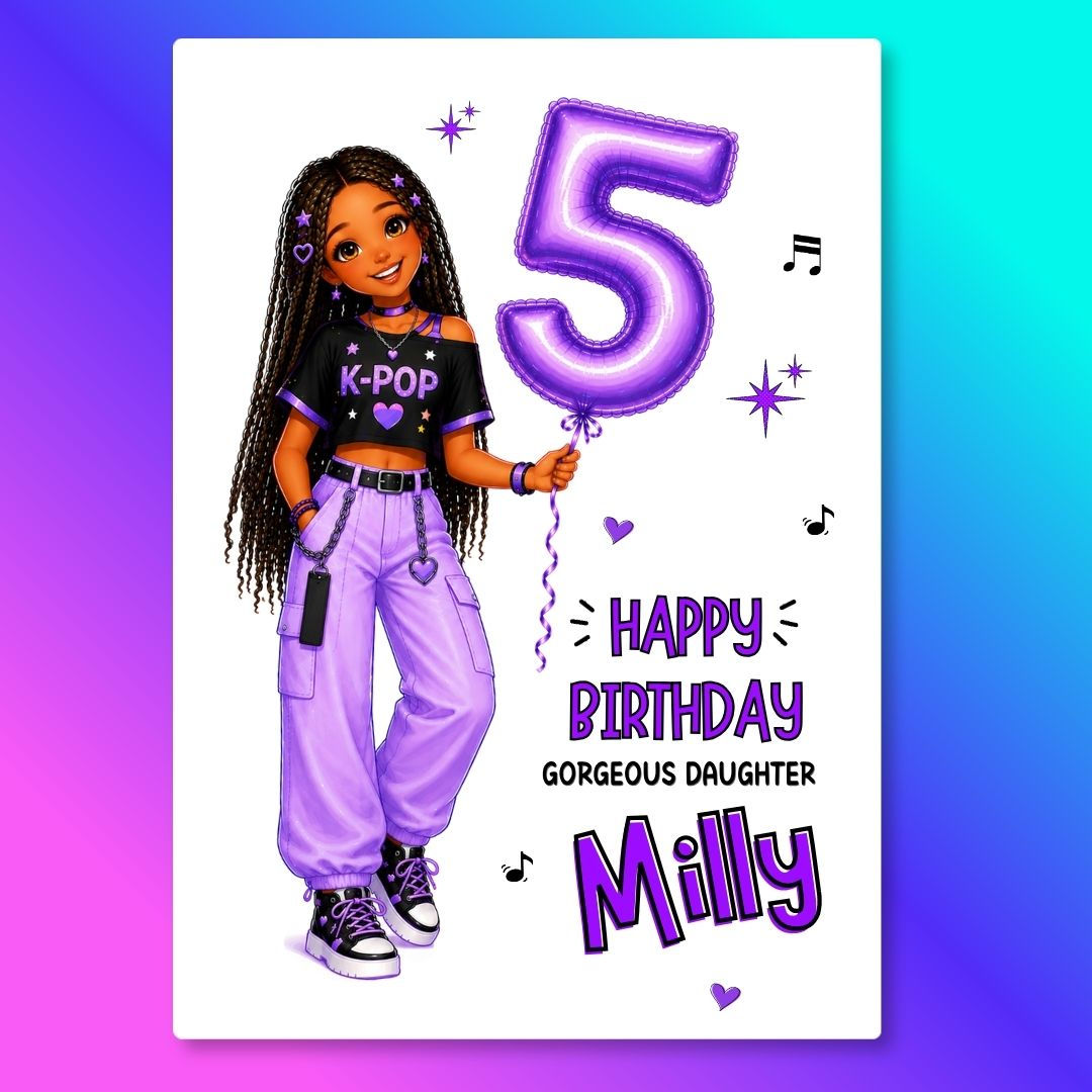 K-Pop Girl 5th Birthday Card