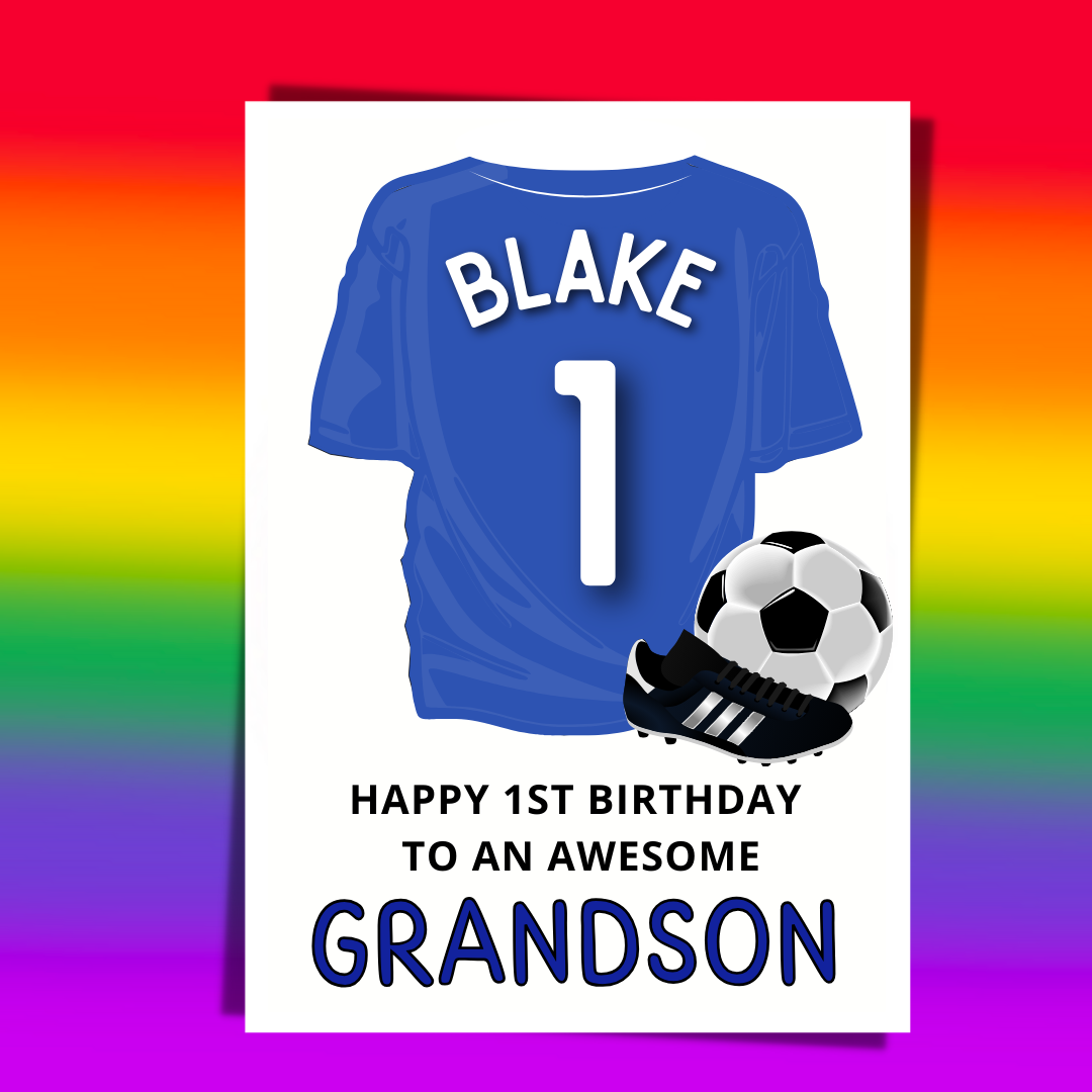 1st birthday card with a blue sports shirt with a number 1 on the back and the name above it.