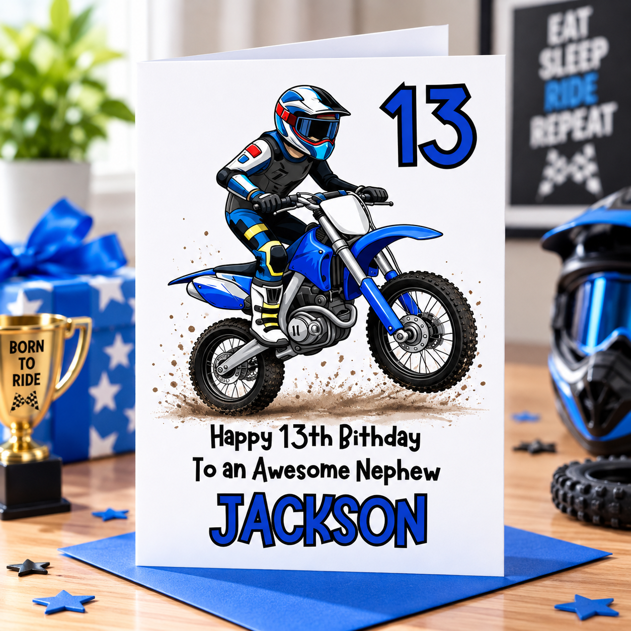 Blue Motocross Rider Birthday Card
