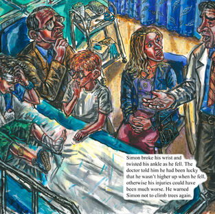 Painting of a boy in a hospital ward.