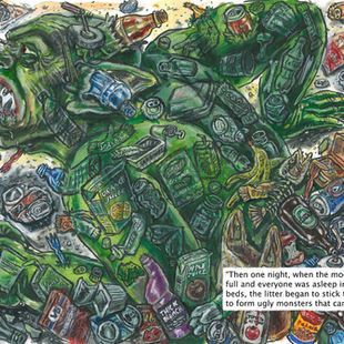 Painting of a monster surrounded by litter.