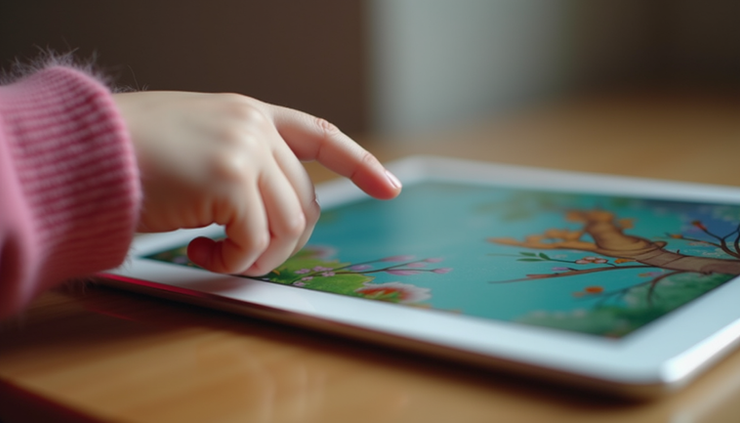 Eye-level view of a child’s hand interacting with a storybook app on a tablet