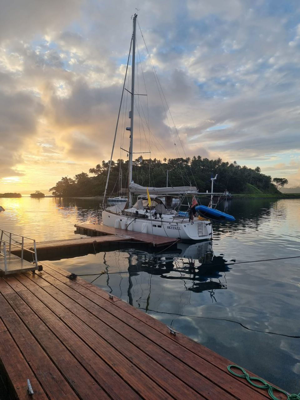 Skyfall on the dock at Copra Shed marina, Savu Savu
