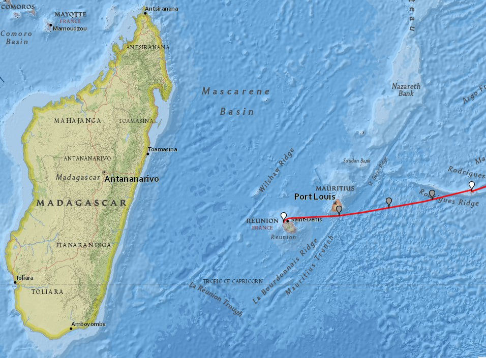 Yacht's track from Rodriquez to La Reunion