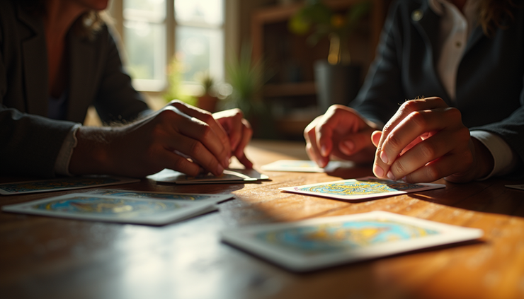 Visão lateral de cartas de tarô sendo embaralhadas sobre uma mesa de madeira