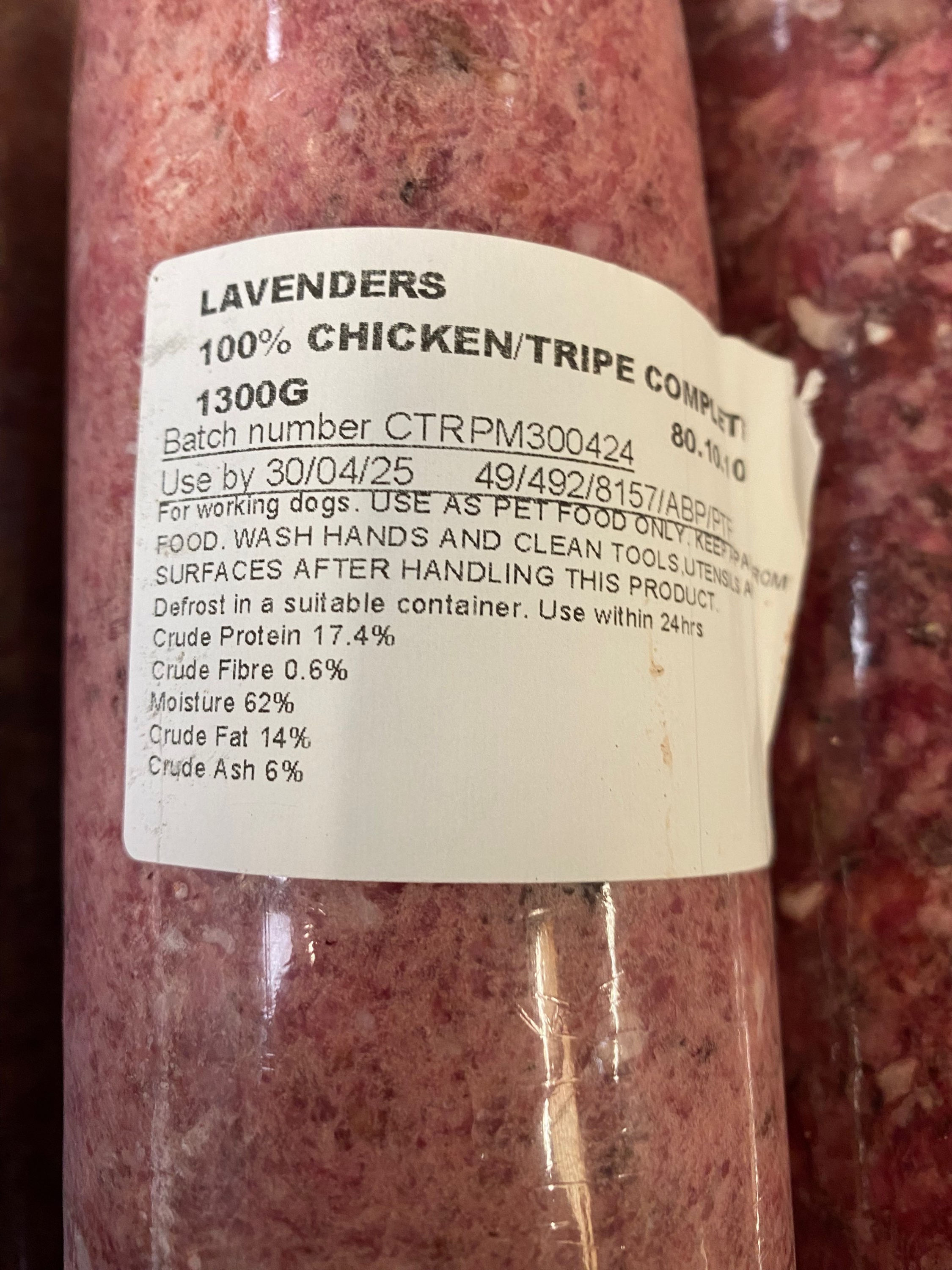 Lavenders Raw Chicken and tripe 1.3kg sausage