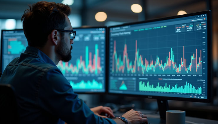 Eye-level view of a data engineer monitoring a data pipeline dashboard