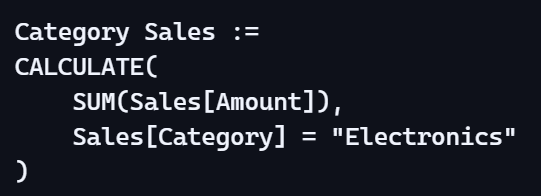 This example demonstrates how CALCULATE can be customized with FILTER to return sales for a single product category. By defining the category directly in the measure, you create a precise, reusable KPI that stays consistent across every report and visual.