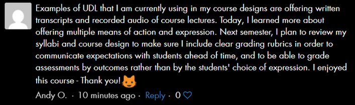 Example of student reflection post, as a result of taking this course.