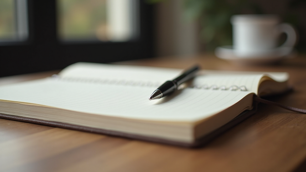 Close-up view of a journal and pen on a wooden table, symbolizing reflection and self-care