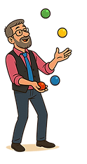 Cartoon illustration of Obediah, a middle-aged man with short gray hair and a goatee, juggling four colorful balls while smiling. He wears a pink shirt, blue tie, and black vest.