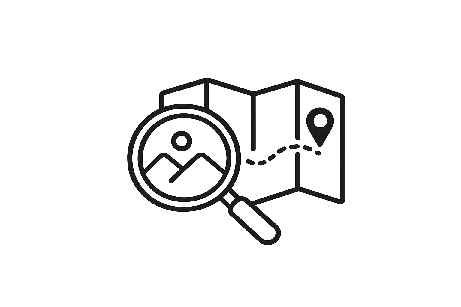 Magnifying glass over a map with a location pin.