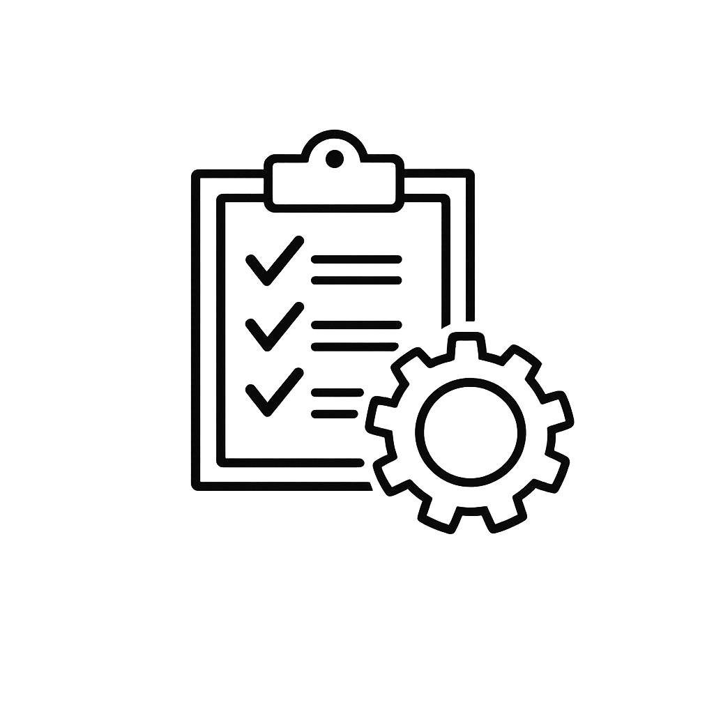 Icon showing a checklist on a clipboard with a gear.