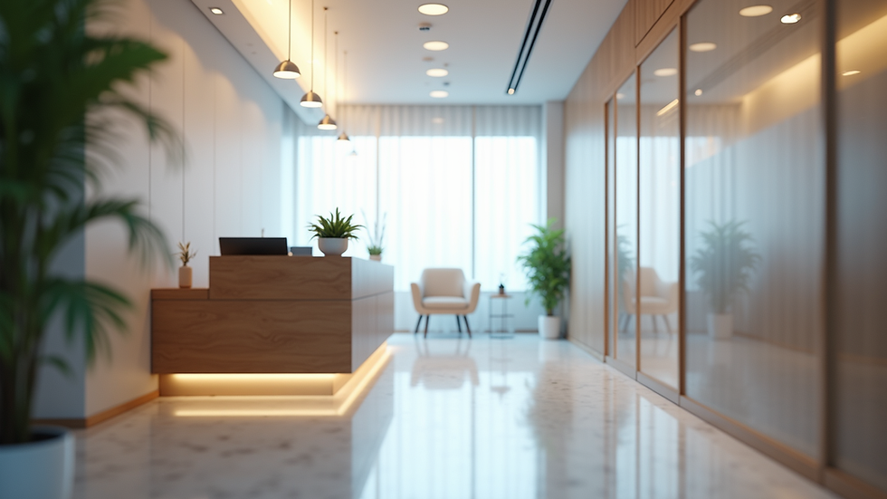 Eye-level view of a modern dental office reception area