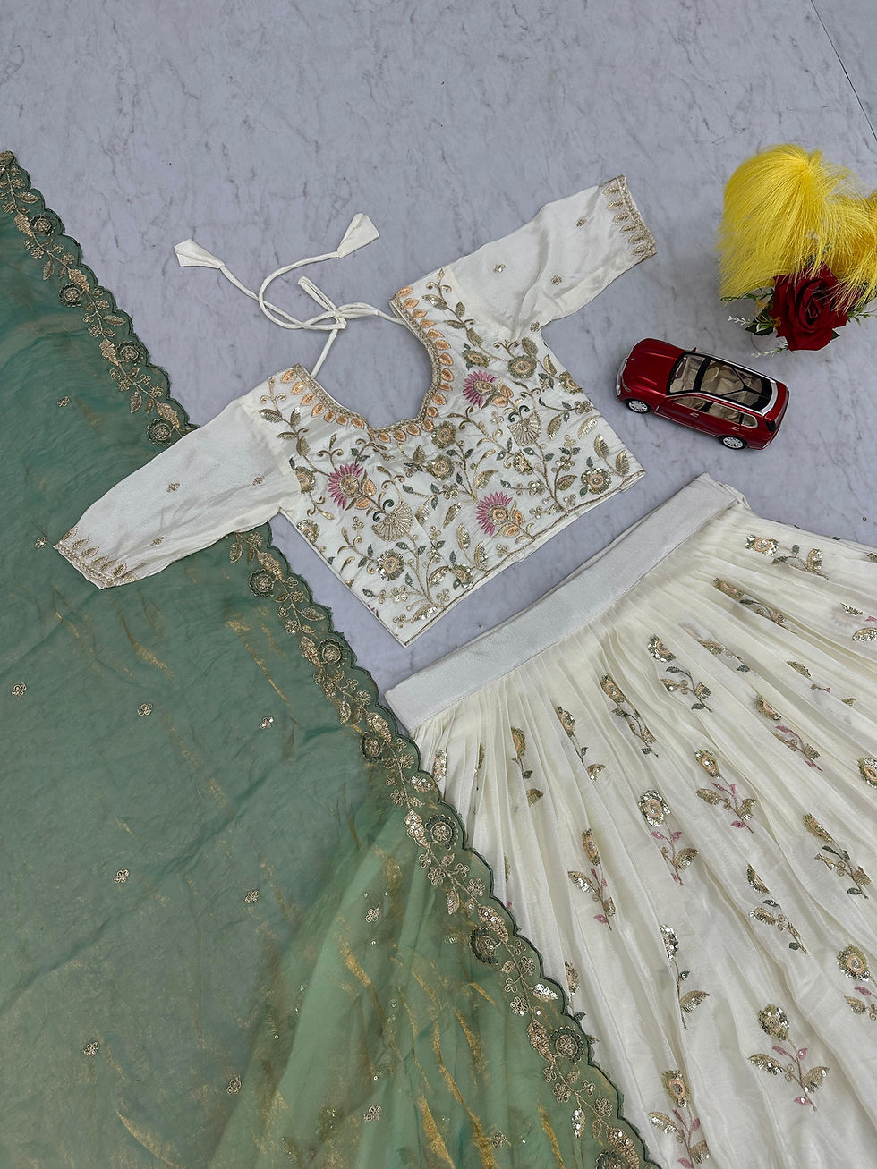 Thumbnail: Soft Blue Embroidered Lehenga w/ Peach Blouse & Happy Green Dupatta