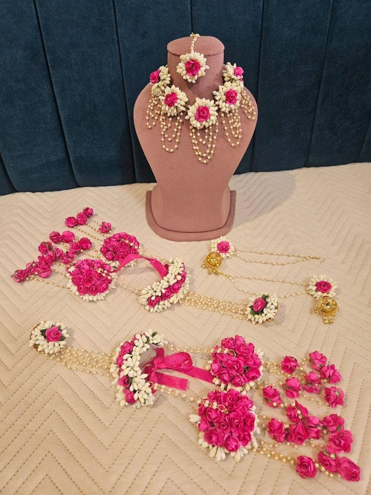artificial pink and white flower bridal jewellery set, designed for Haldi