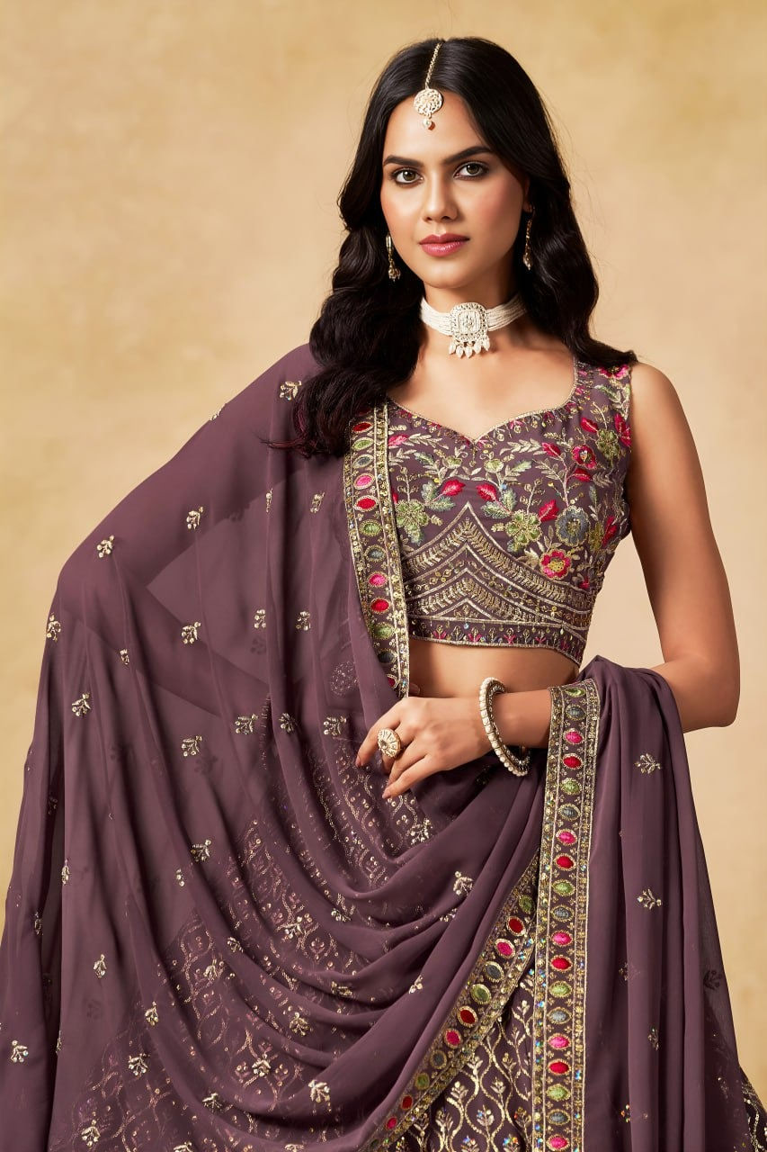 Thumbnail: Persian Green Georgette Lehenga With Sequins Work For Festival