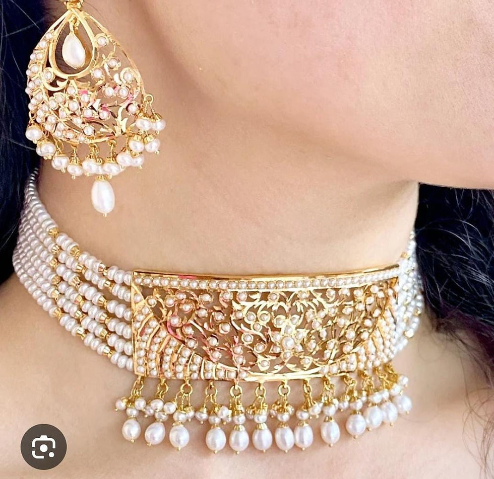 Thumbnail: gold-plated multi-strand pearl choker necklace set with matching earrings, 