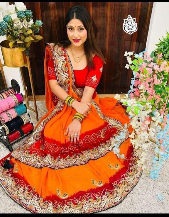 Thumbnail: New arrivals in bandhej YELLOW +Red Fabric 