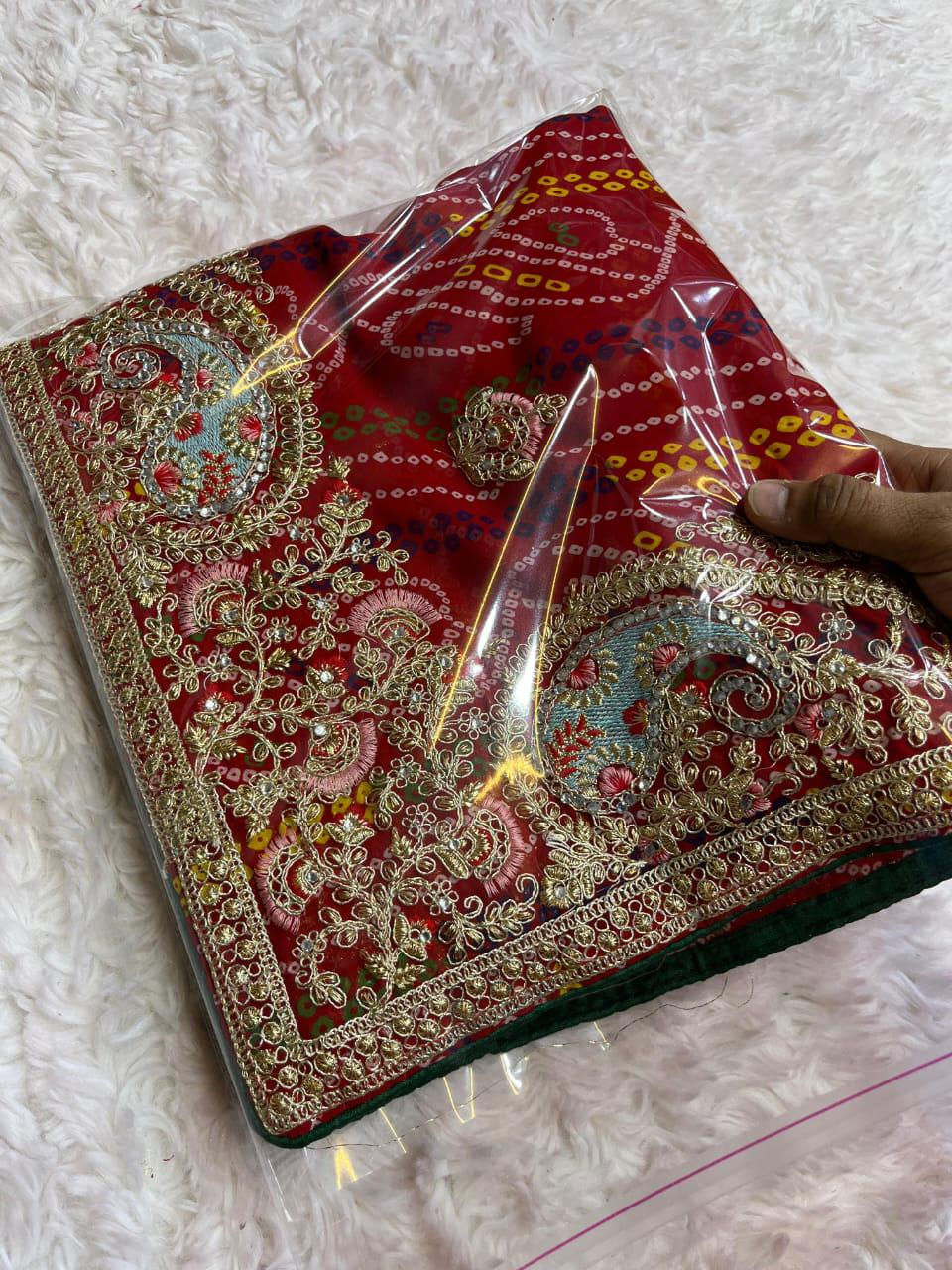 Thumbnail: Kayatri New Elegant Soft Georgette Bandhej Saree with Heavy Coding Pallu Mono 