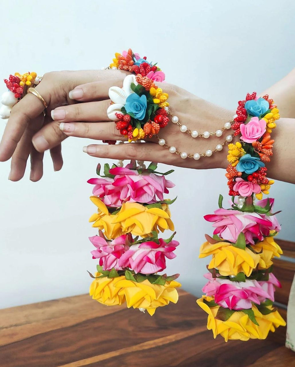 Thumbnail: Multicolor Floral Fiesta Bridal Haldi Mehndi Jewellery Set with Kaliras