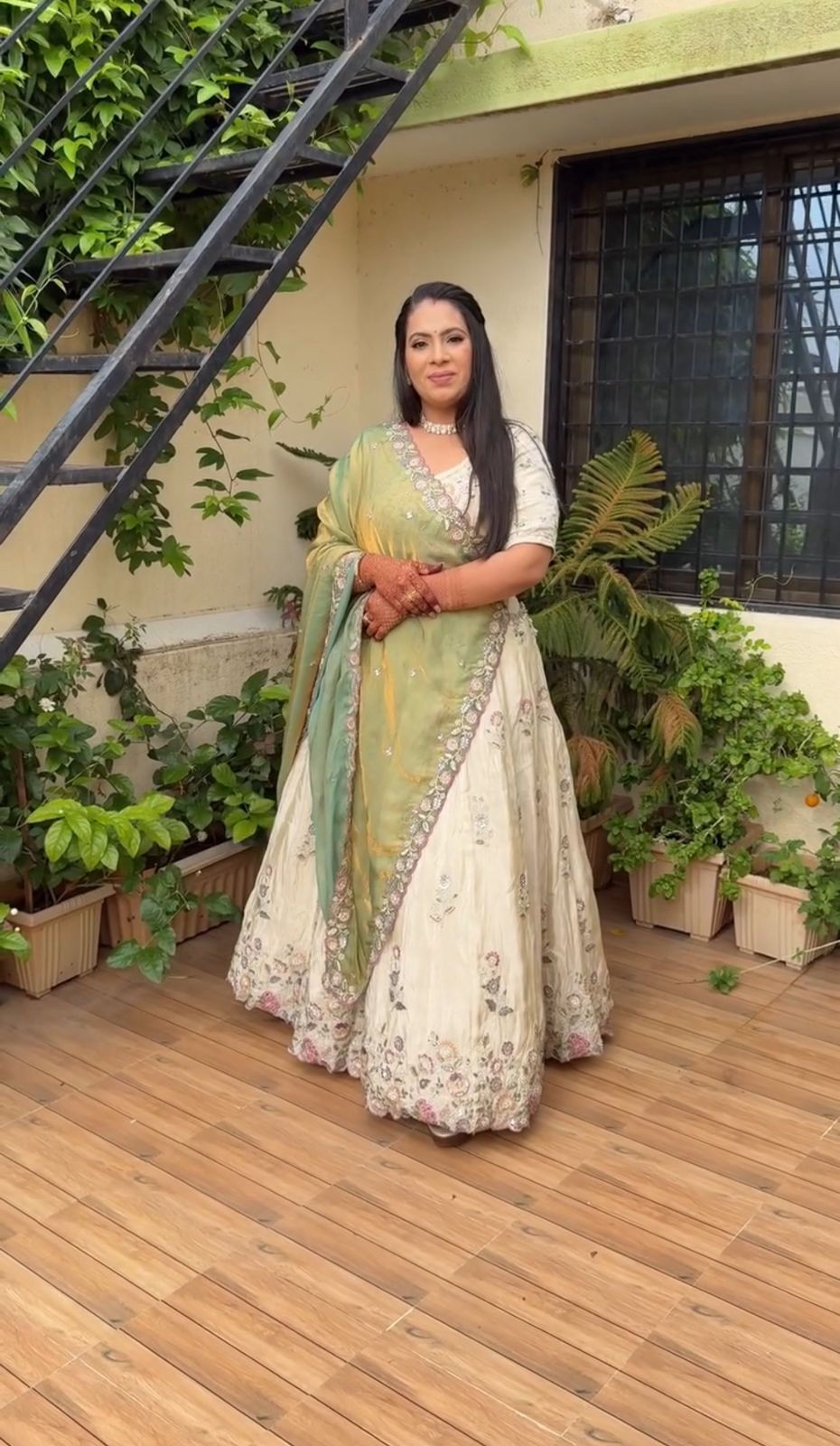 Soft Blue Embroidered Lehenga w/ Peach Blouse & Happy Green Dupatta
