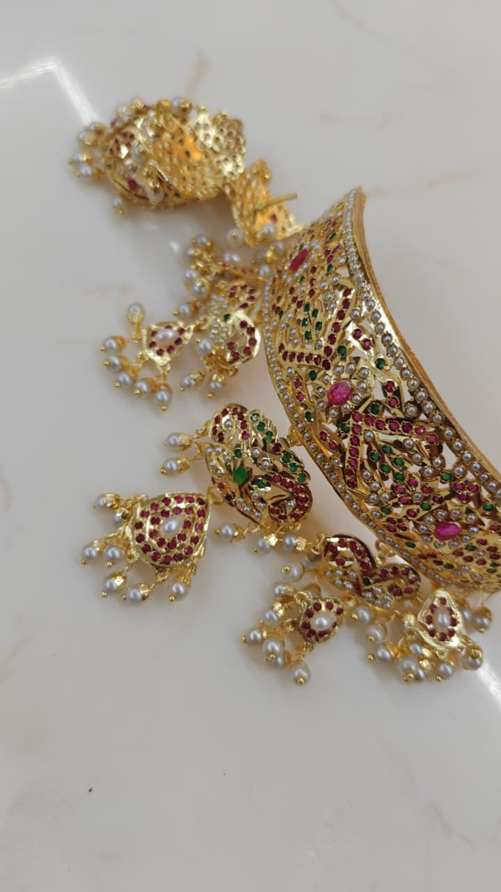 Gold plated , kundan and kemp stone chaukar necklace set